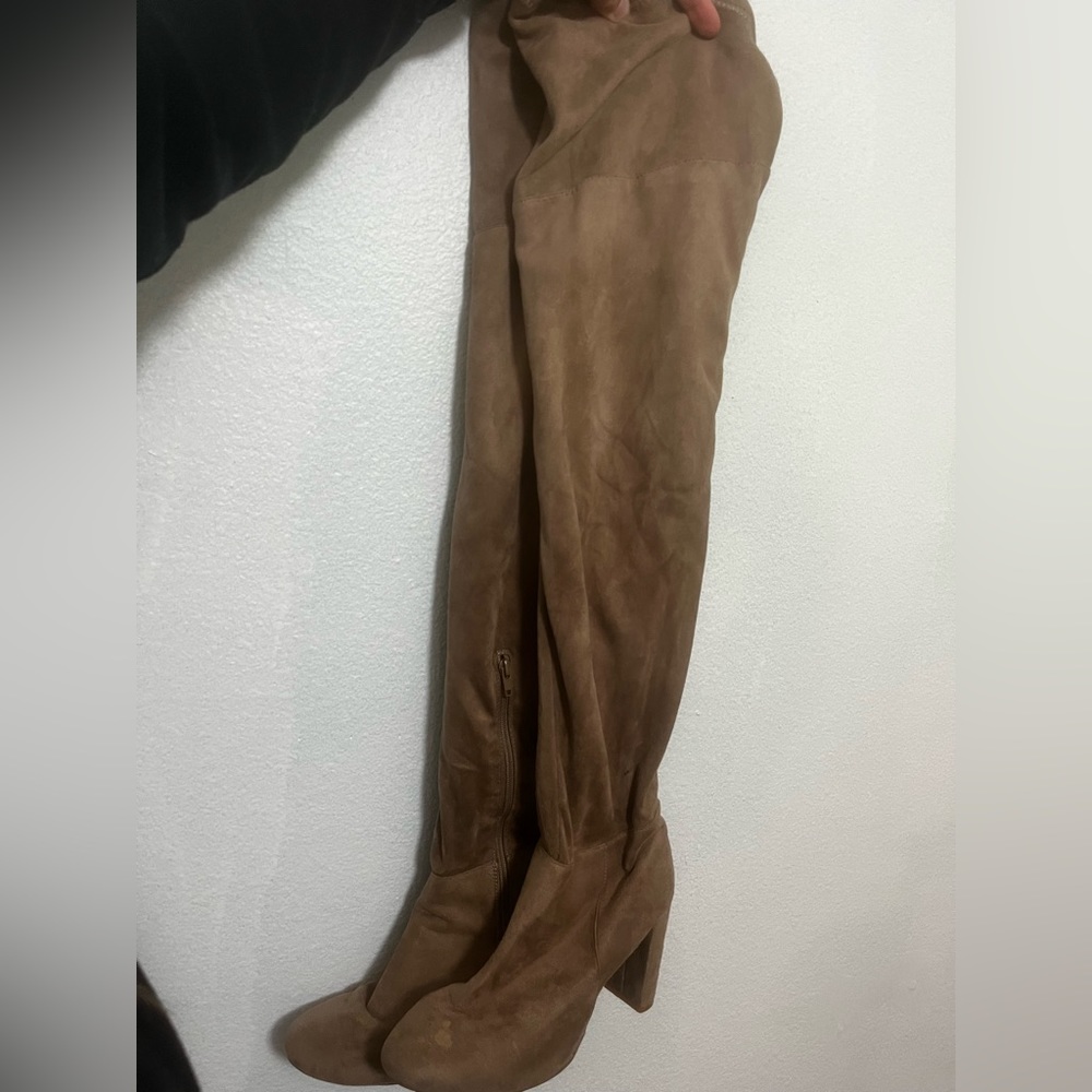 Beige velour over the knee boots
